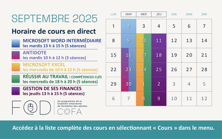 Calendriers des cours offerts en direct