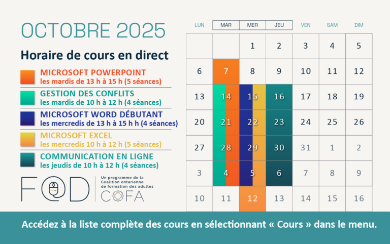 Calendriers des cours offerts en direct